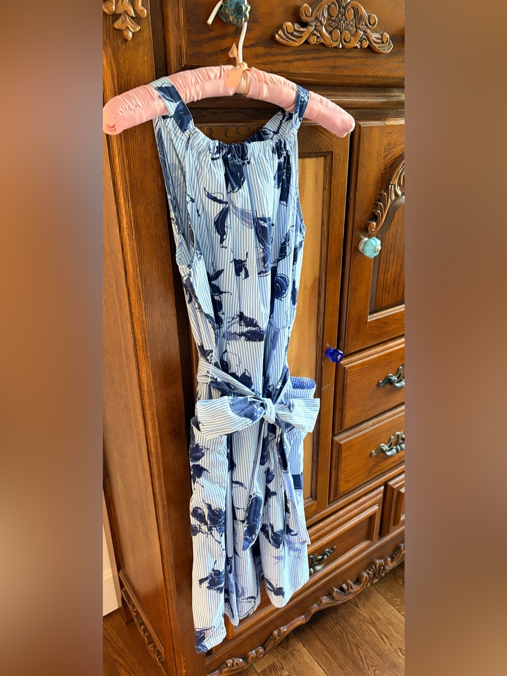 Blue Striped Floral Halter Neck Dress with Waist Tie